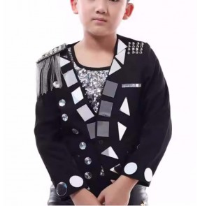 Boys kids white black lens sequins jazz dance jackets model show rapper singers gogo dancers host pianist performance coats for boys